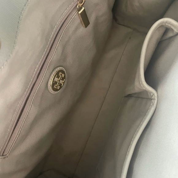 Tory Burch Light Gray logo Canvas Tote Bag authentic EUC!! Neutral - Picture 13 of 16